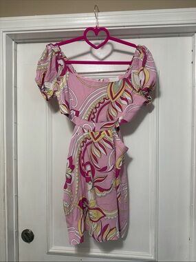 Sky to moon sz M Pink Floral Print Puff-Sleeve Women’s Dress open sides Cute!!